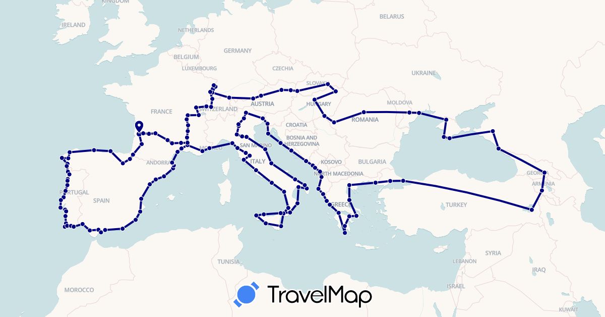 TravelMap itinerary: driving in Albania, Armenia, Austria, Switzerland, Germany, Spain, France, Georgia, Greece, Croatia, Hungary, Italy, Moldova, Montenegro, Portugal, Romania, Russia, Slovakia, Turkey, Ukraine (Asia, Europe)